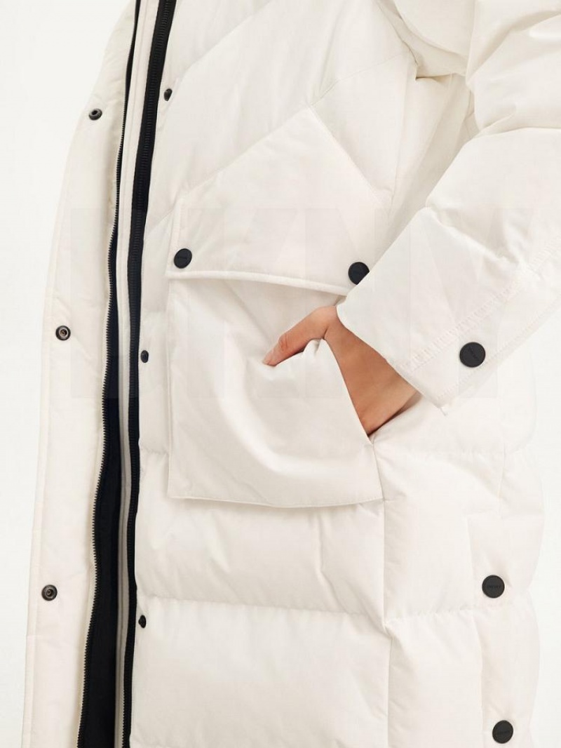 White Women's DKNY Long Puffer With Faux Fur Hood Coats | Australia-D1201