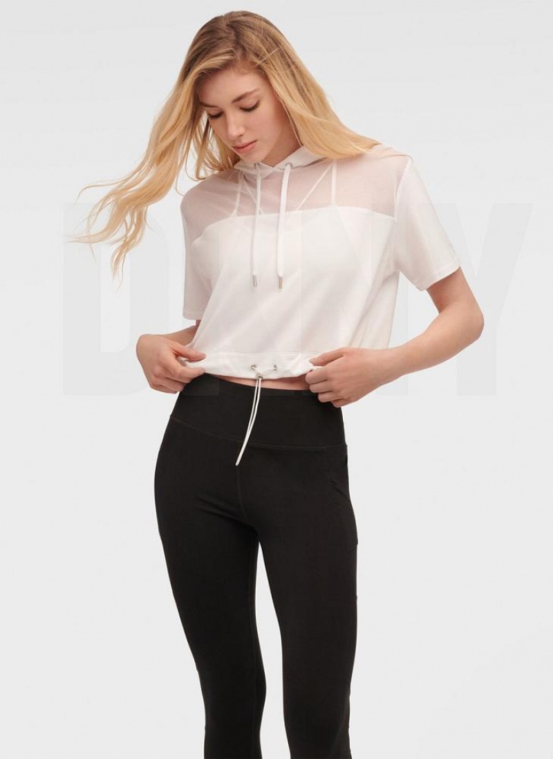 White Women's DKNY Mesh Blocked Short Sleeve Hoodies | Australia-D0117
