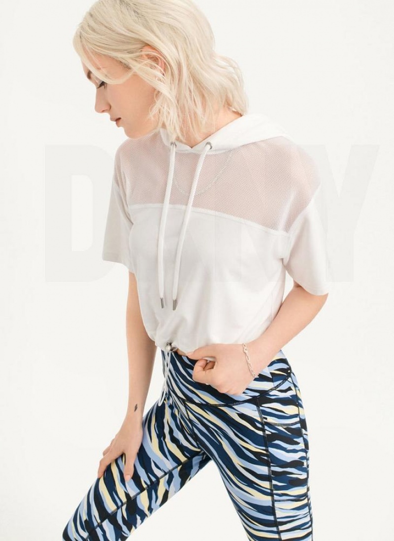 White Women's DKNY Mesh Blocked Short Sleeve Hoodies | Australia-D0117