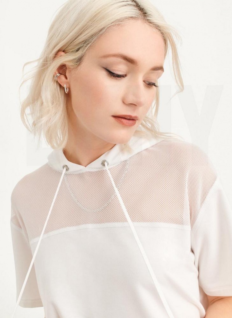 White Women's DKNY Mesh Blocked Short Sleeve Hoodies | Australia-D0117