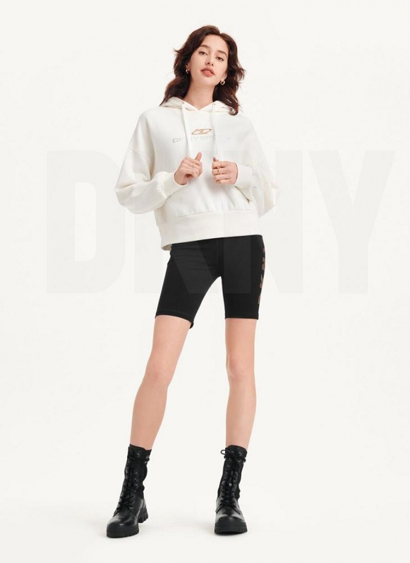 White Women's DKNY Mixed Distressed Metallic Logo Cropped Hoodies | Australia-D1383