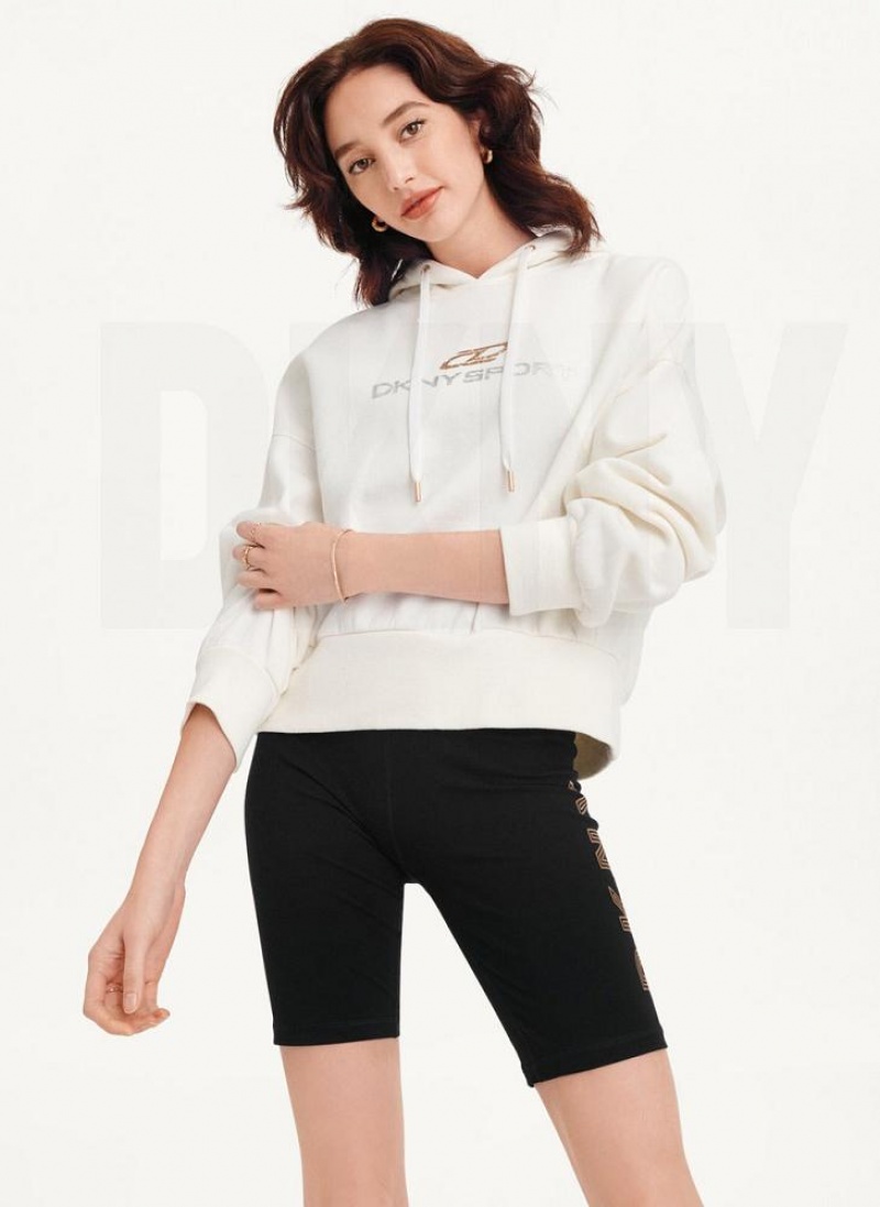 White Women's DKNY Mixed Distressed Metallic Logo Cropped Hoodies | Australia-D1383