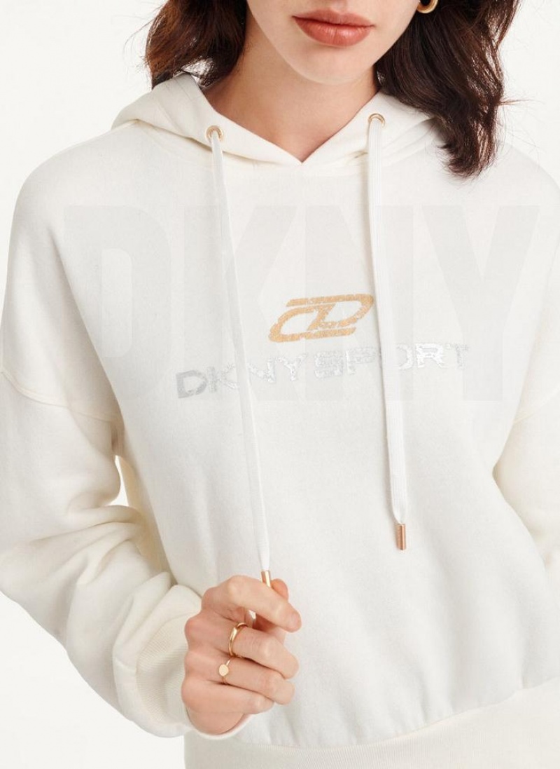 White Women's DKNY Mixed Distressed Metallic Logo Cropped Hoodies | Australia-D1383