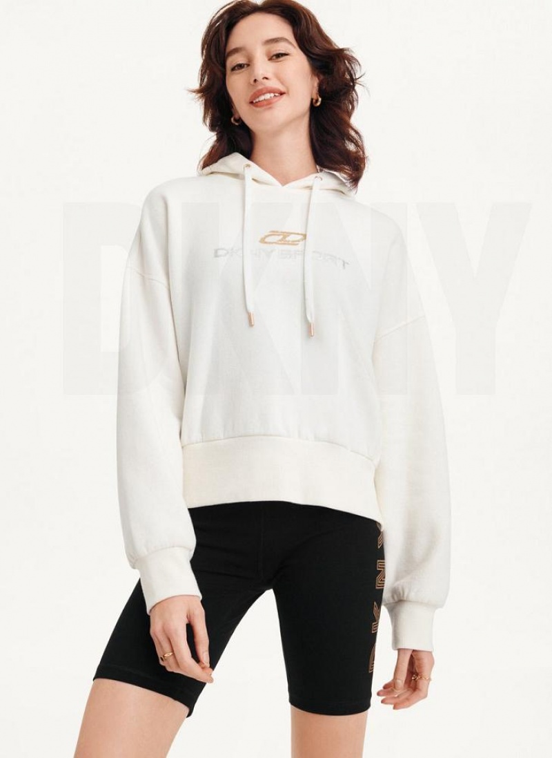 White Women\'s DKNY Mixed Distressed Metallic Logo Cropped Hoodies | Australia-D1383