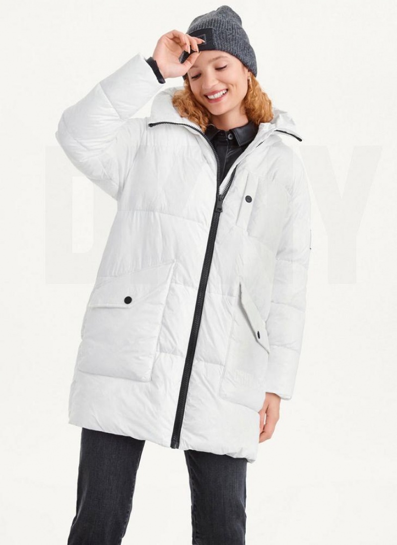White Women\'s DKNY Oversized Token Logo Puffer Coats | Australia-D1946