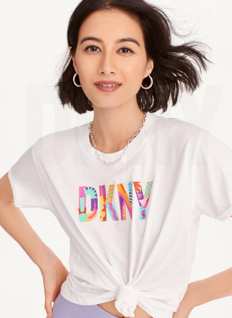 White Women's DKNY Pride Logo Knot Front T Shirts | Australia-D1091