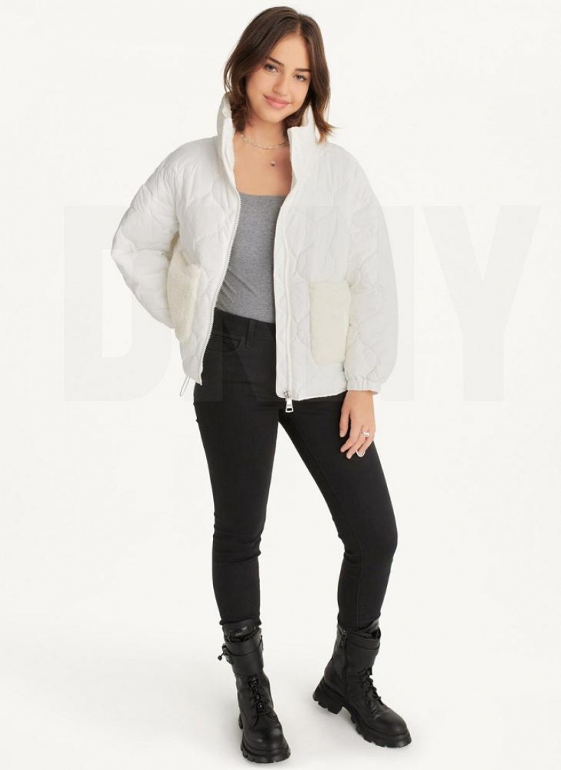 White Women's DKNY Quilted With Sherpa Pockets Coats | Australia-D0984
