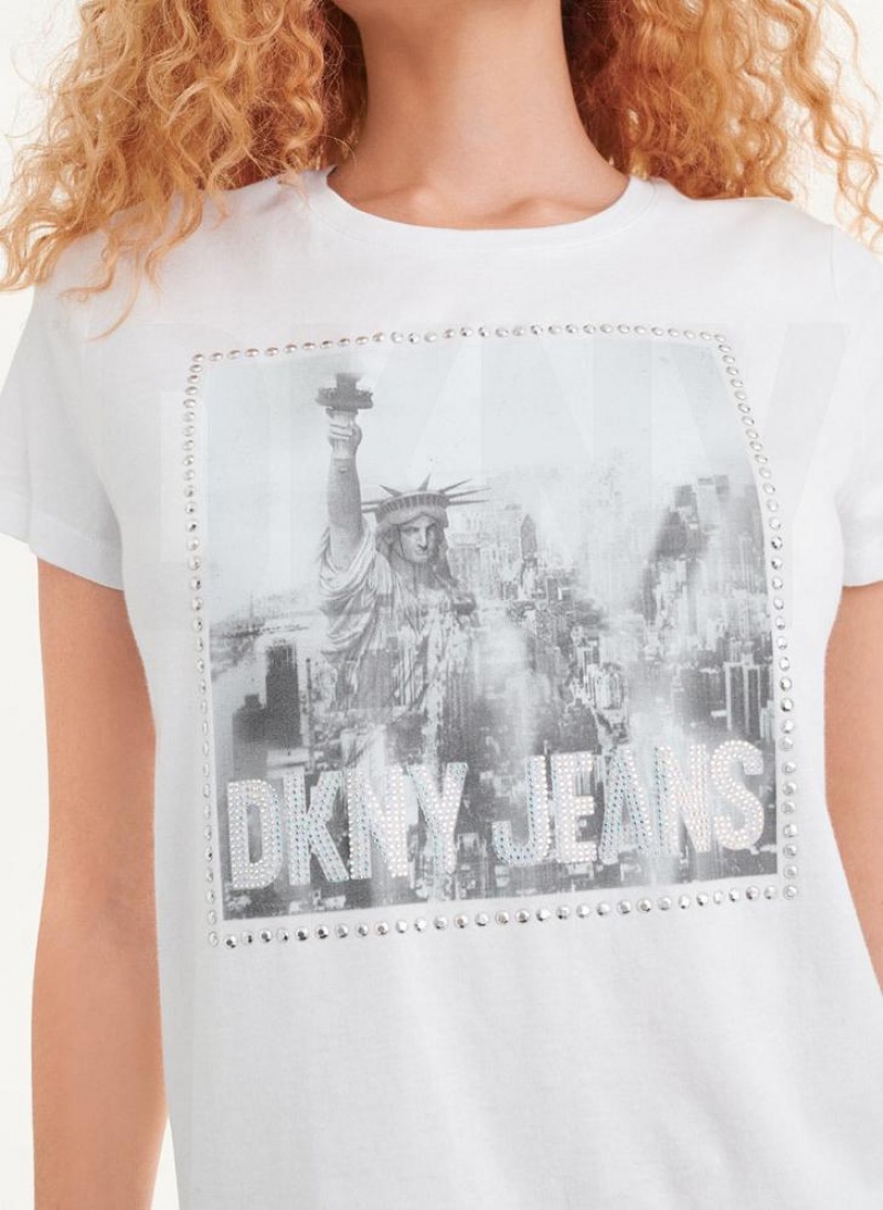 White Women's DKNY Short Sleeve City Logo T Shirts | Australia-D1791