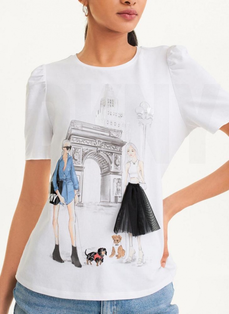White Women's DKNY Short Sleeve Conversational T Shirts | Australia-D1273