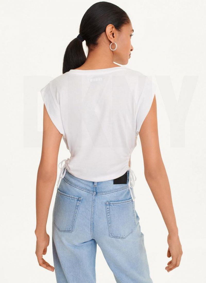 White Women's DKNY Short Sleeve Side Cut T Shirts | Australia-D0651