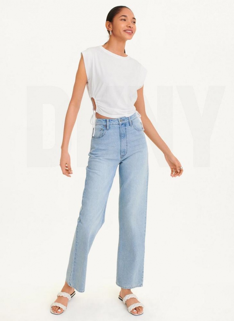 White Women's DKNY Short Sleeve Side Cut T Shirts | Australia-D0651