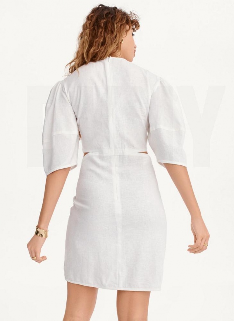 White Women's DKNY Side Cut Linen Mini Dresses | Australia-D1266