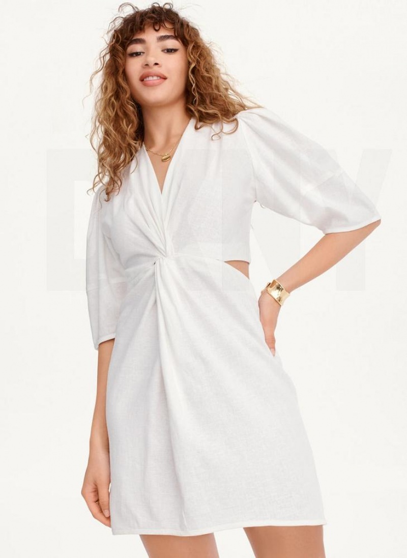 White Women\'s DKNY Side Cut Linen Mini Dresses | Australia-D1266