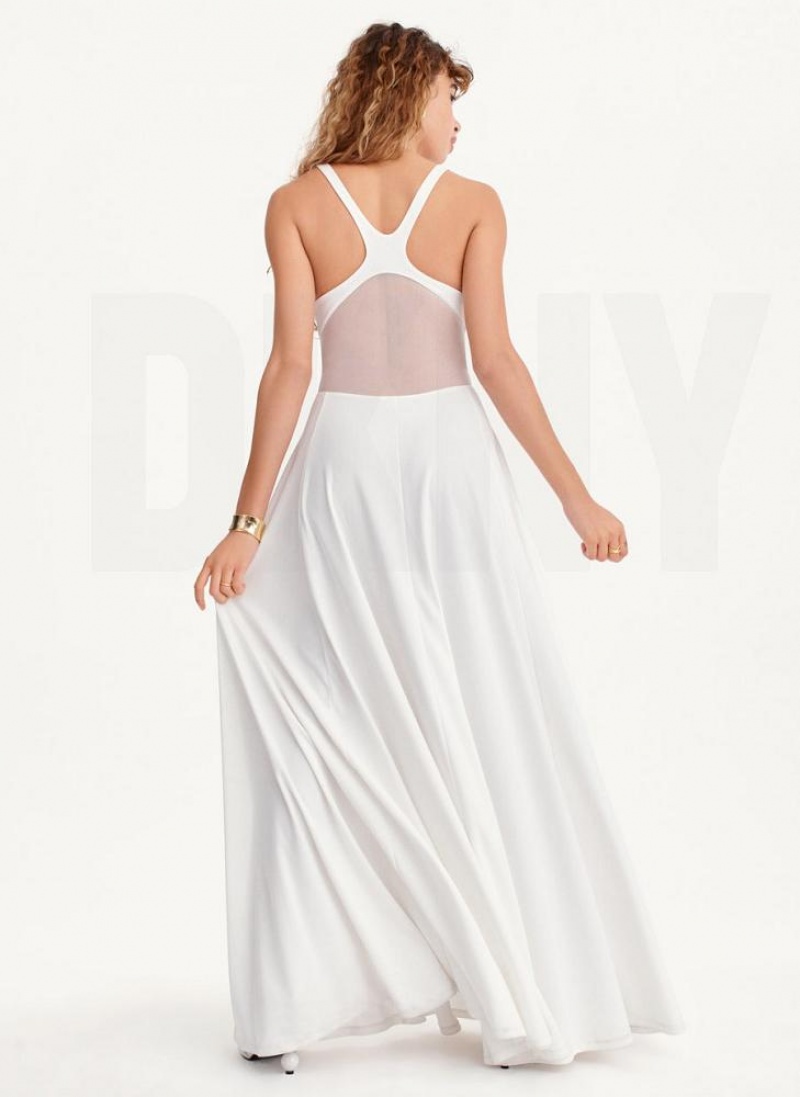 White Women's DKNY Side Slit Mesh Detail Maxi Dresses | Australia-D0708