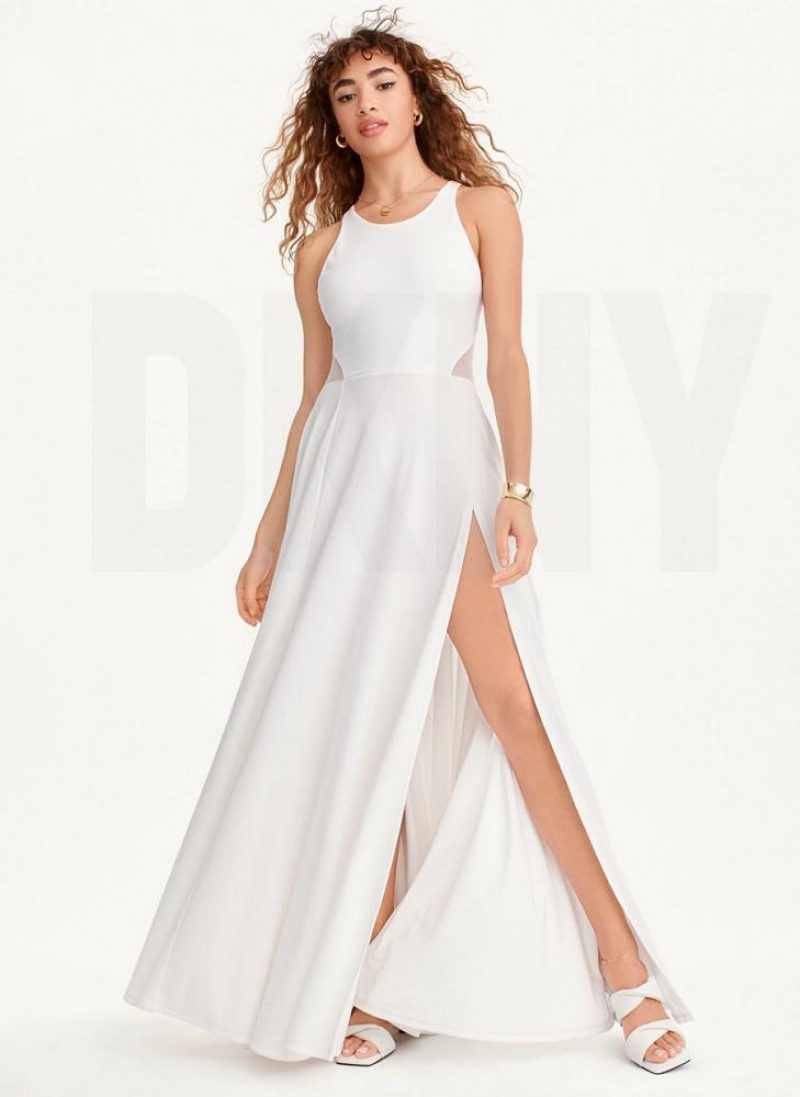 White Women's DKNY Side Slit Mesh Detail Maxi Dresses | Australia-D0708