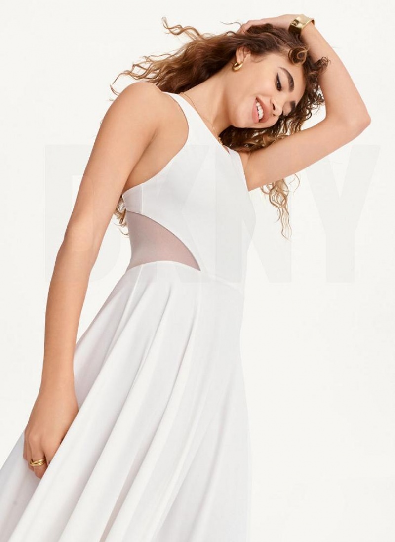 White Women's DKNY Side Slit Mesh Detail Maxi Dresses | Australia-D0708