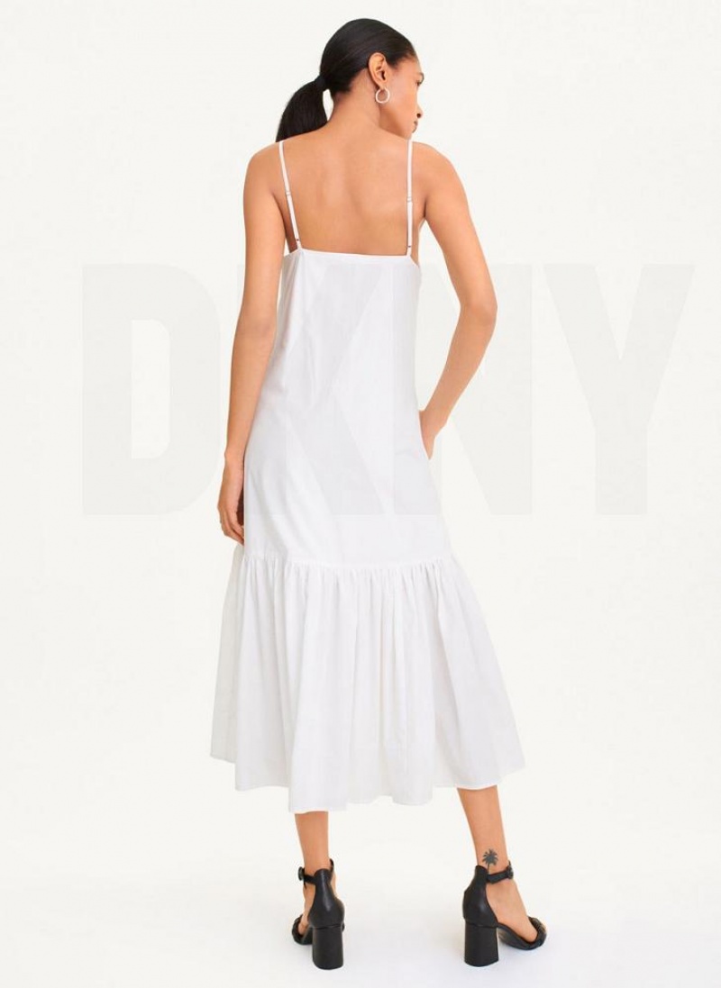 White Women's DKNY Sleeveless V-Neck Poplin Dresses | Australia-D1129