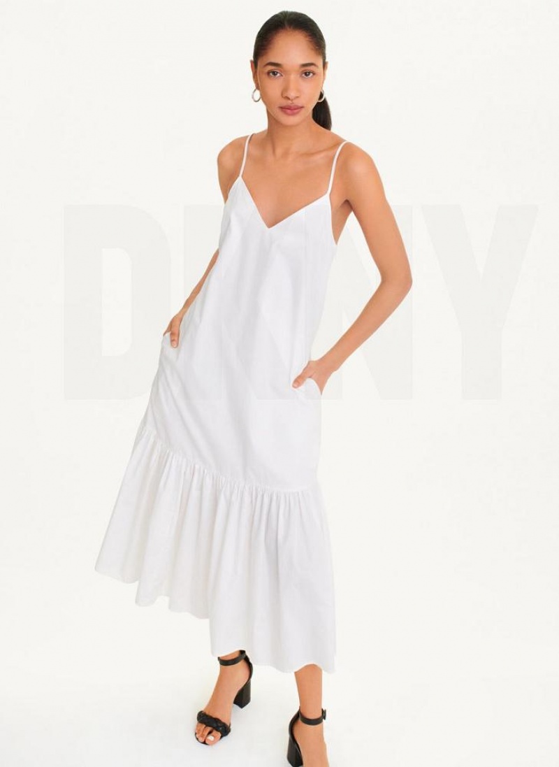 White Women's DKNY Sleeveless V-Neck Poplin Dresses | Australia-D1129