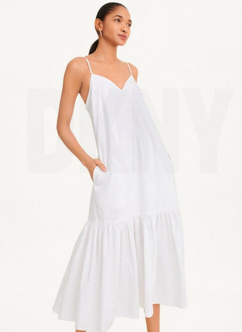 White Women\'s DKNY Sleeveless V-Neck Poplin Dresses | Australia-D1129