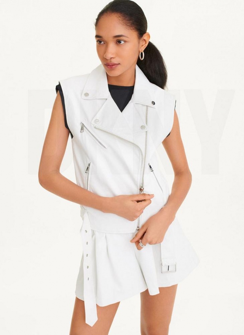 White Women's DKNY Sleeveless Vegan Leather Moto Jackets | Australia-D0281