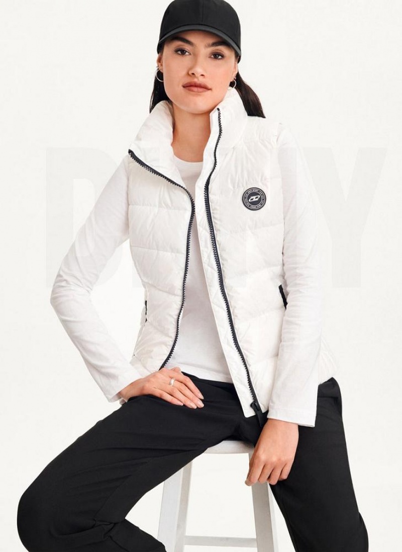 White Women's DKNY Wet Token Logo Puffer Vest Coats | Australia-D0232