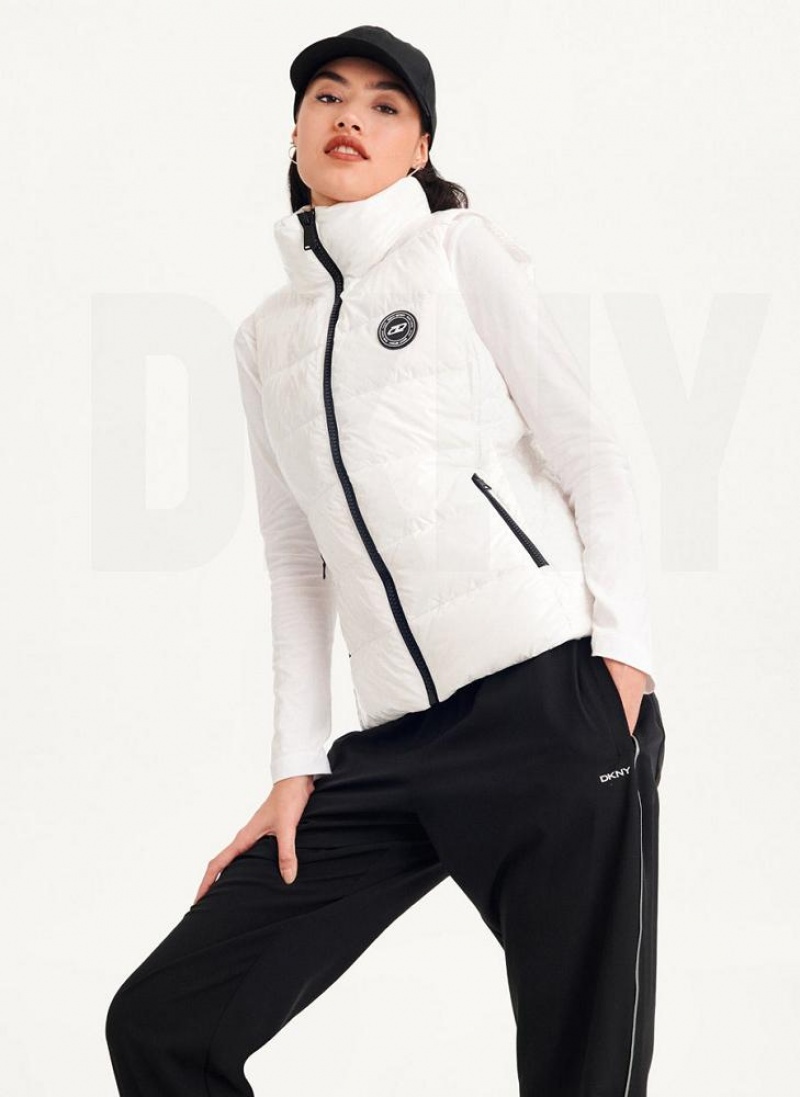 White Women\'s DKNY Wet Token Logo Puffer Vest Coats | Australia-D0232