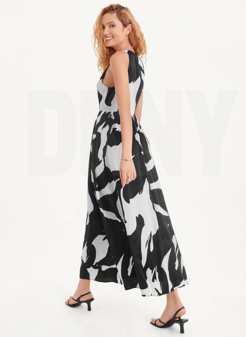 White / Black Women's DKNY Printed Maxi Dresses | Australia-D1630