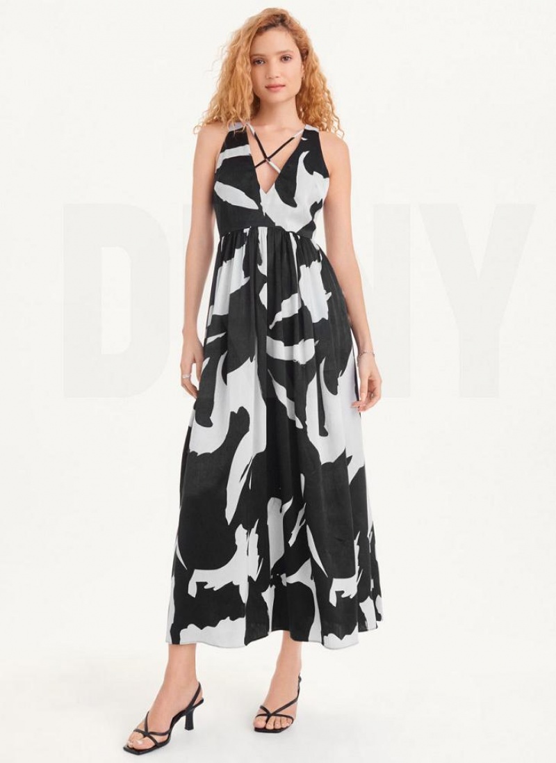 White / Black Women's DKNY Printed Maxi Dresses | Australia-D1630