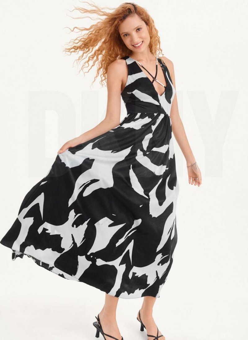 White / Black Women\'s DKNY Printed Maxi Dresses | Australia-D1630