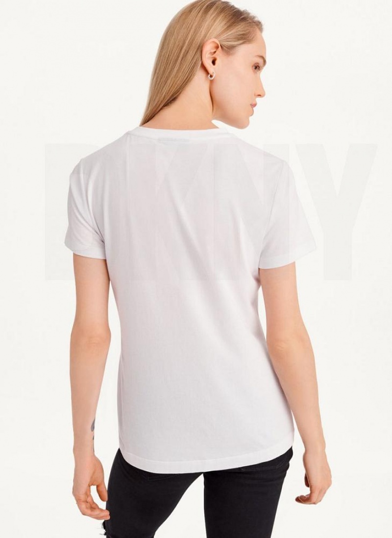 White / Silver Women's DKNY Rhinestone Glitter Logo T Shirts | Australia-D1268