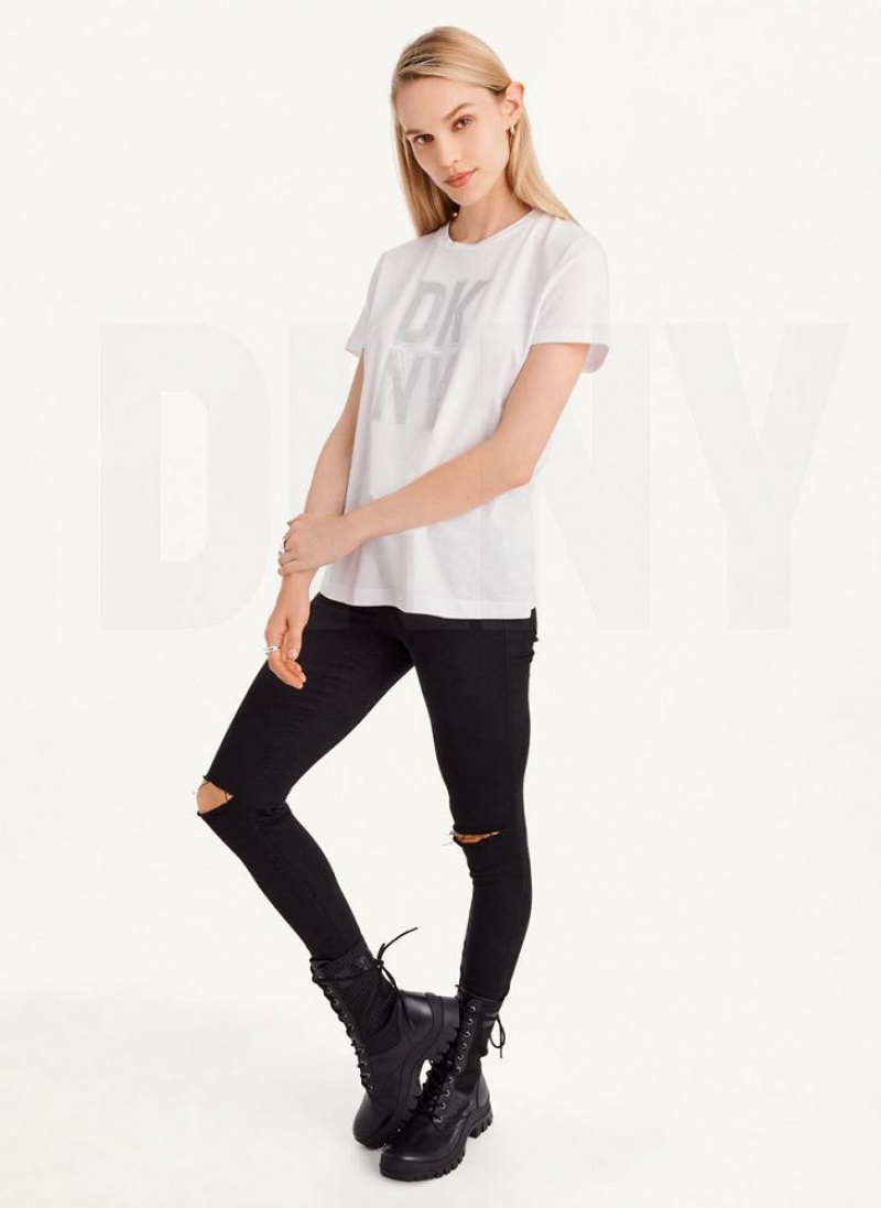 White / Silver Women's DKNY Rhinestone Glitter Logo T Shirts | Australia-D1268