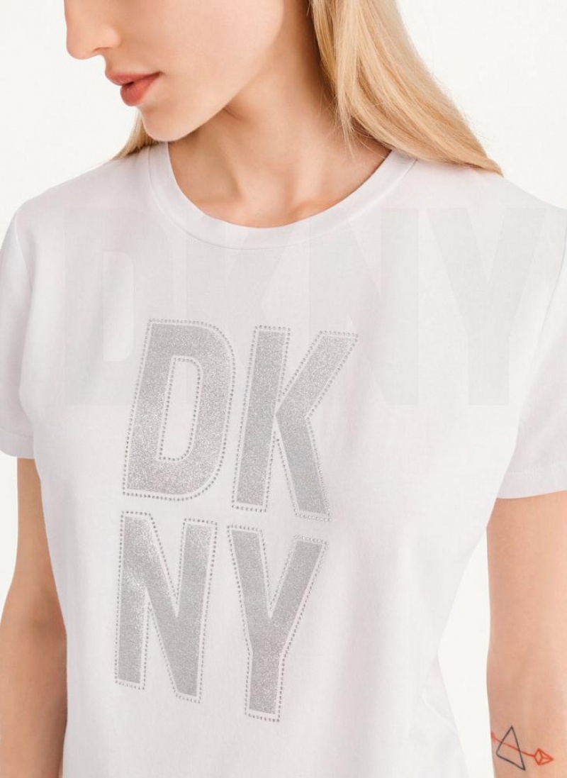 White / Silver Women's DKNY Rhinestone Glitter Logo T Shirts | Australia-D1268