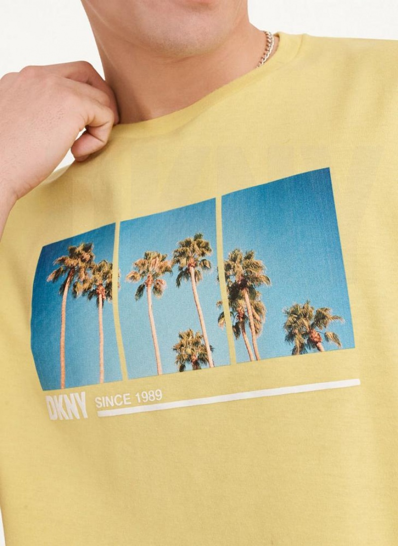 Yellow Men's DKNY Split Palm Trees T Shirts | Australia-D1001