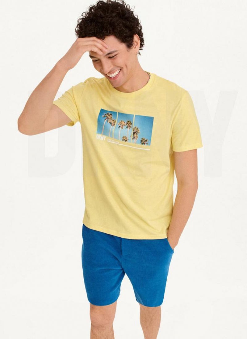 Yellow Men\'s DKNY Split Palm Trees T Shirts | Australia-D1001