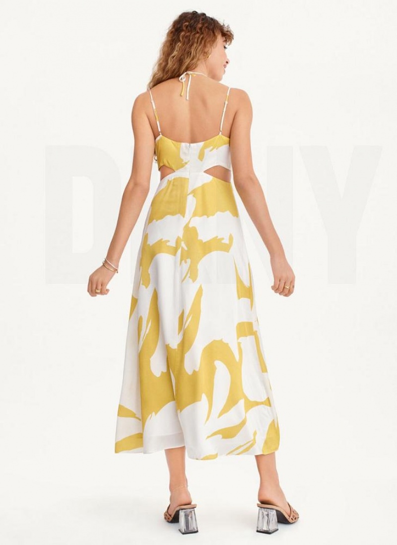 Yellow Women's DKNY Printed Cut Out Halter Dresses | Australia-D0941