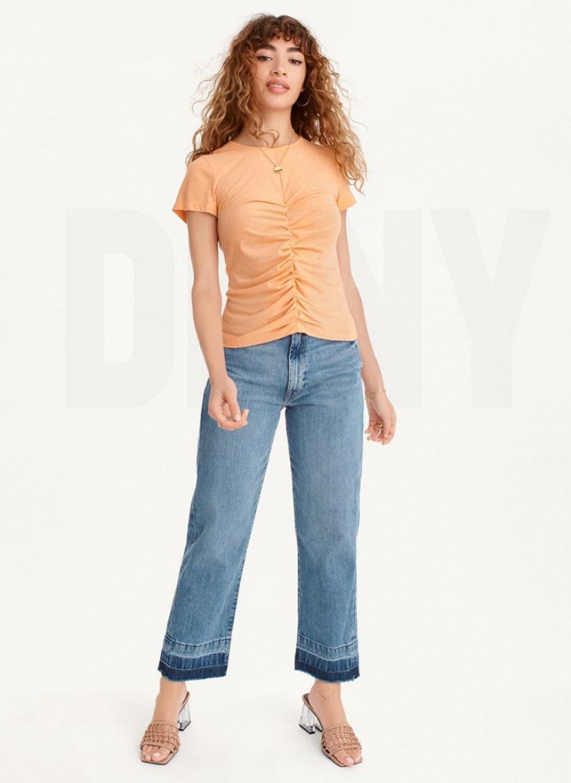 Yellow Women's DKNY Ruched Front Crew Neck T Shirts | Australia-D1033