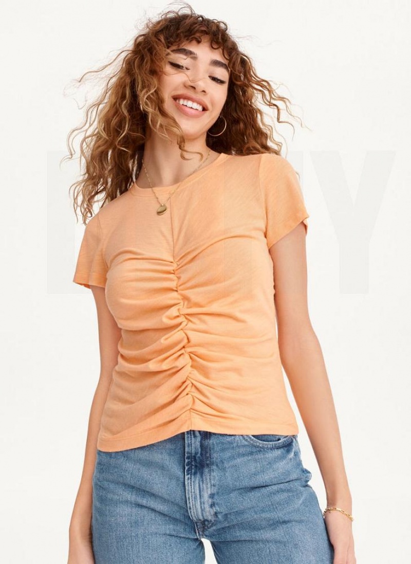 Yellow Women\'s DKNY Ruched Front Crew Neck T Shirts | Australia-D1033
