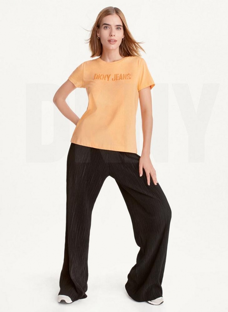 Yellow Women's DKNY Short Sleeve Embossed Logo T Shirts | Australia-D1302