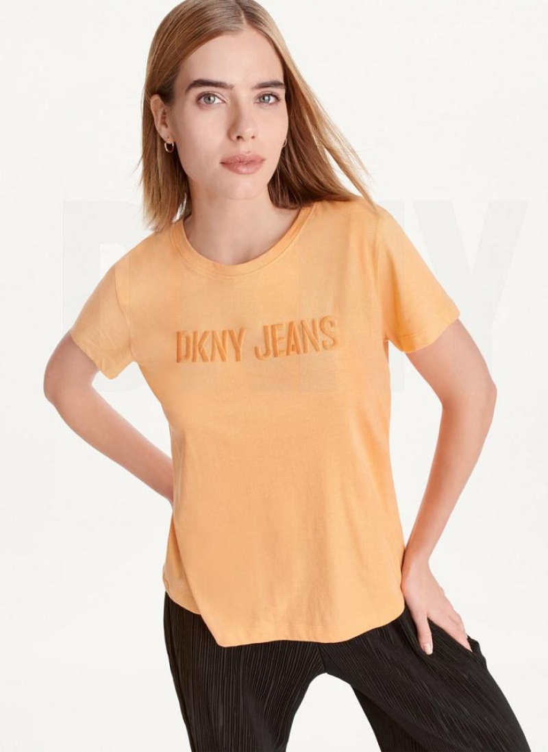 Yellow Women\'s DKNY Short Sleeve Embossed Logo T Shirts | Australia-D1302